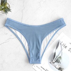 Romwe Piping Textured Ribbed High Leg Bikini Bottoms Light Blue Small
